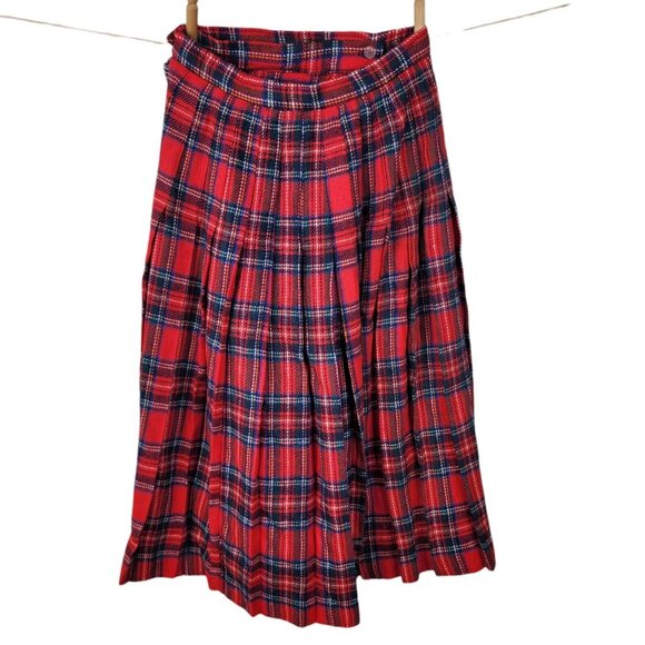 Vintage Pleated Tartan Plaid Wrap Skirt Size 6/8 26" Fringe Midi Long Red Long - Picture 5 of 7